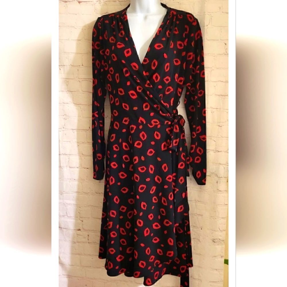 Vintage Pristine 80's Vicky Tiel Black/Red Lip Print Jersey Wrap Dress Small/4/6